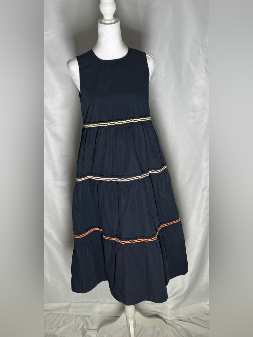 Madewell Navy Tiered Sleeveless Midi Dress Ric Rac Trim XS Petite